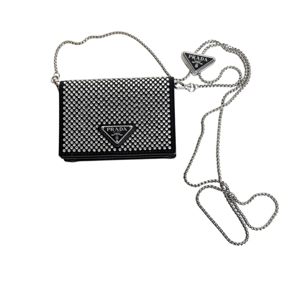 Prada Crystal Embellished Black Satin Chain Wallet Crossbody Clutch